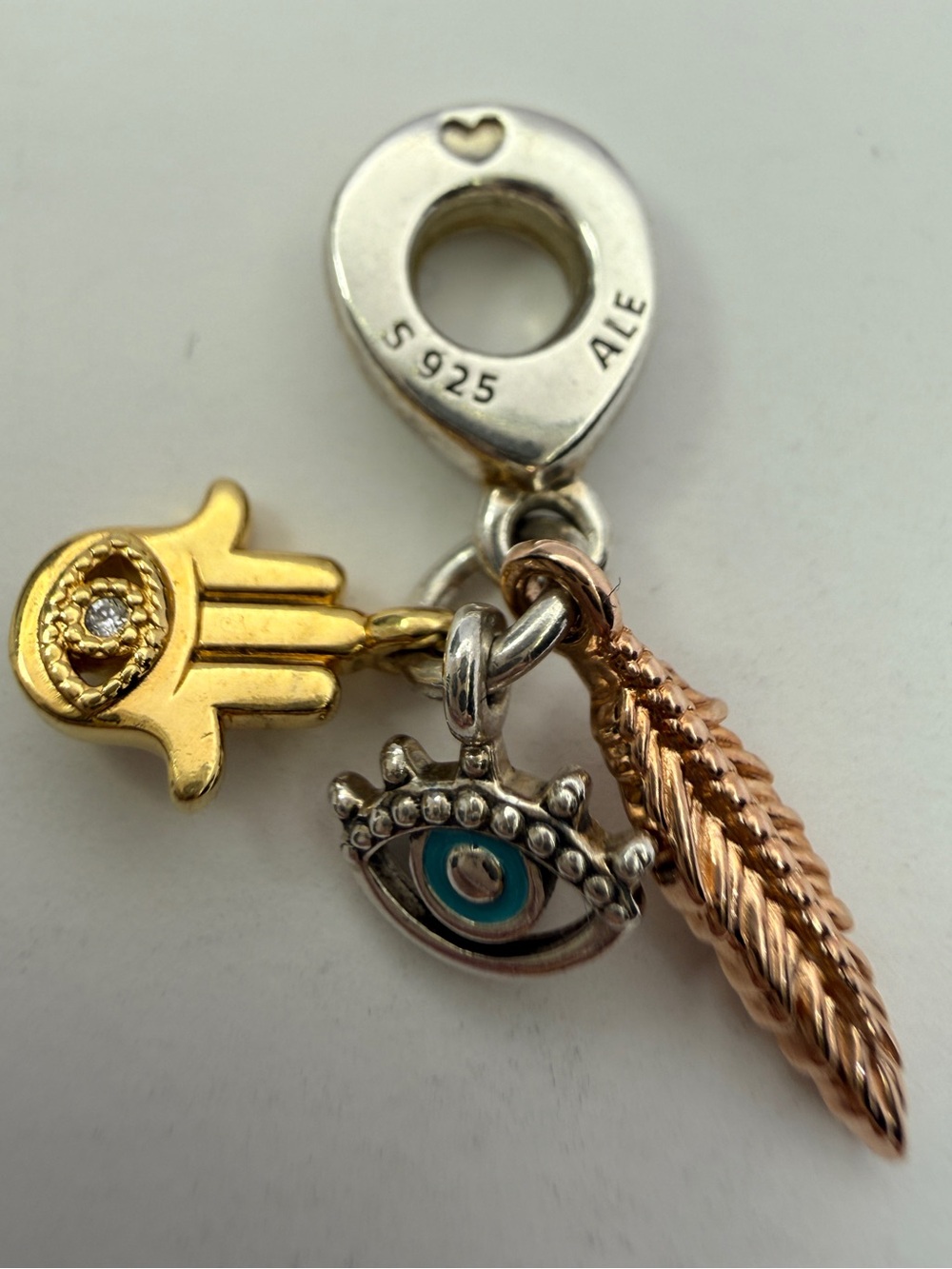 Pandora Hamsa Eye Feather Dangle Charm 768785C01 Mixed Metal